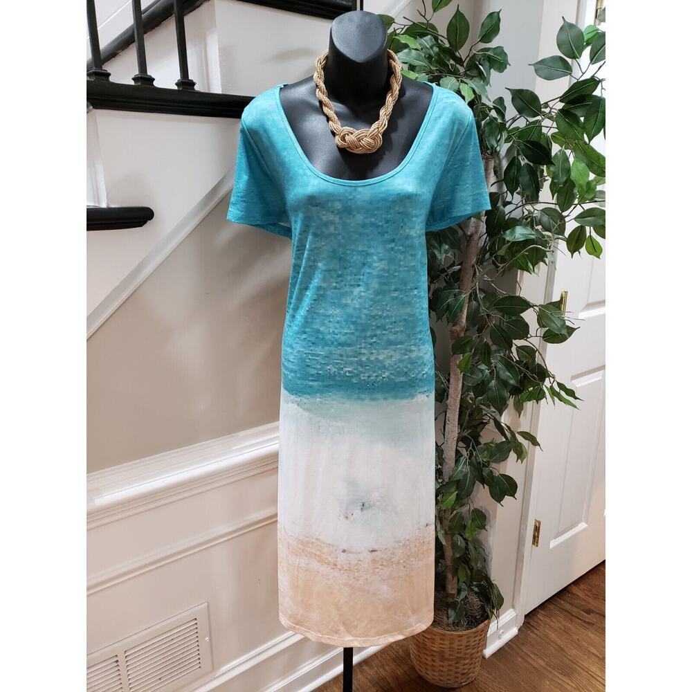 Just Fashion Now Women's Green & White Scoop Neck Short Sleeve Long Maxi Dress L